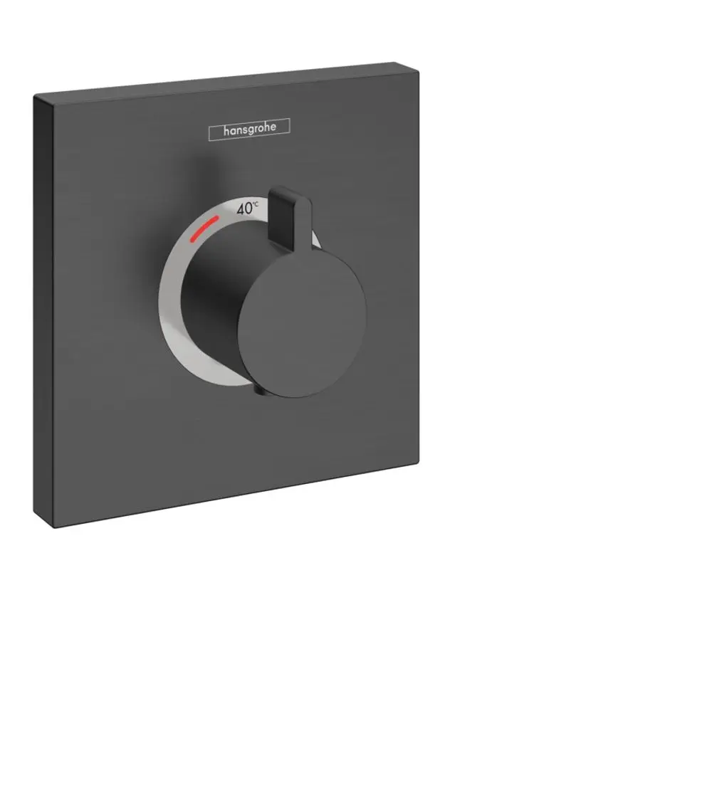 Thermostat mit Drehknopf in eleganter, gebürsteter schwarzer Chrom-Optik von Hansgrohe, zur Regulierung der Wassertemperatur.
